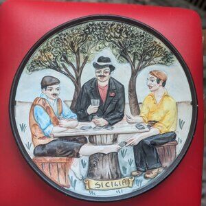IL Falco Vintage Hand painted Wall Plate “Sicilia” Men Playing Cards Cheating